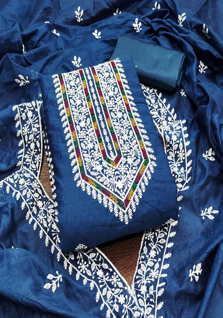 Blue Embroidered Vichitra Silk Dress Material