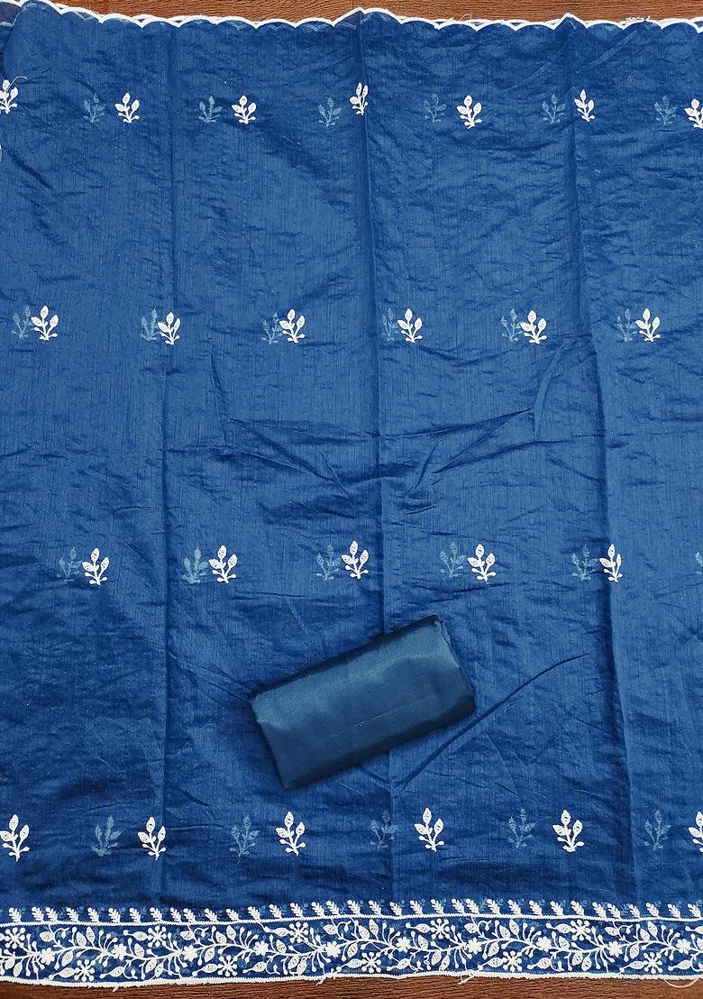 Blue Embroidered Vichitra Silk Dress Material