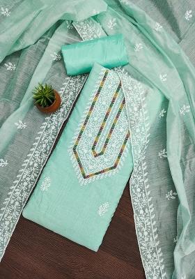 Lime Green Embroidered Vichitra Silk Dress Material