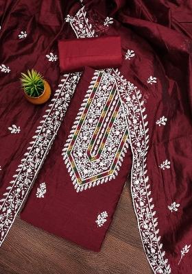 Navy Blue Embroidered Vichitra Silk Dress Material