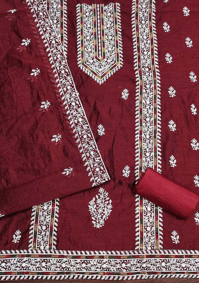 Navy Blue Embroidered Vichitra Silk Dress Material