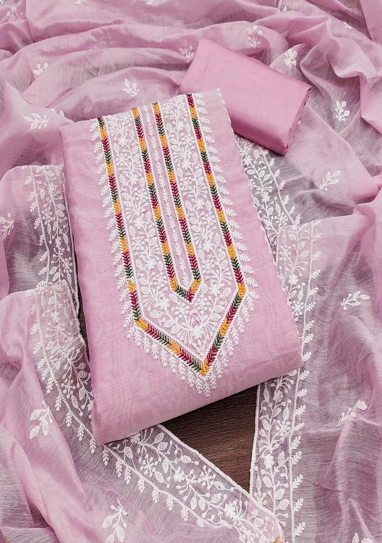 White Embroidered Vichitra Silk Dress Material