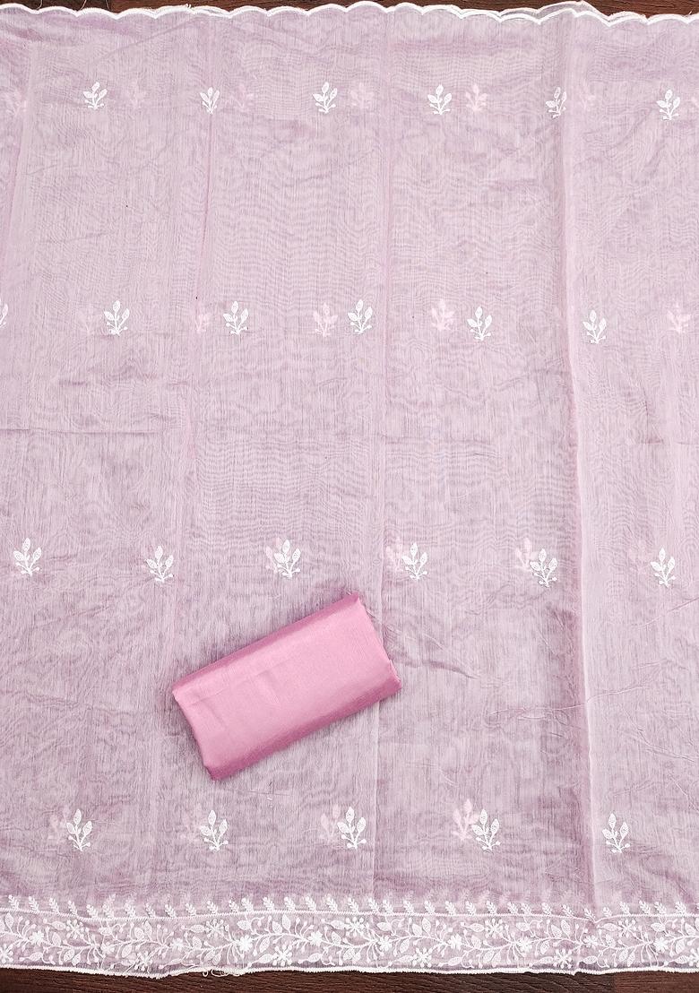 White Embroidered Vichitra Silk Dress Material