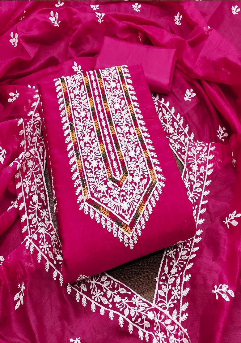 Fuchsia Pink Embroidered Vichitra Silk Dress Material
