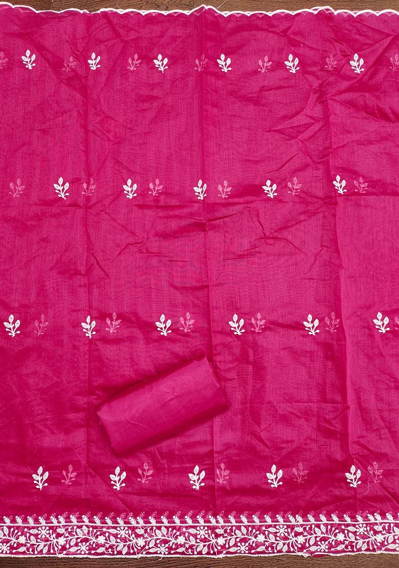 Fuchsia Pink Embroidered Vichitra Silk Dress Material