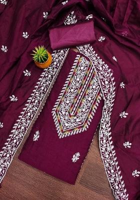 Purple Embroidered Vichitra Silk Dress Material