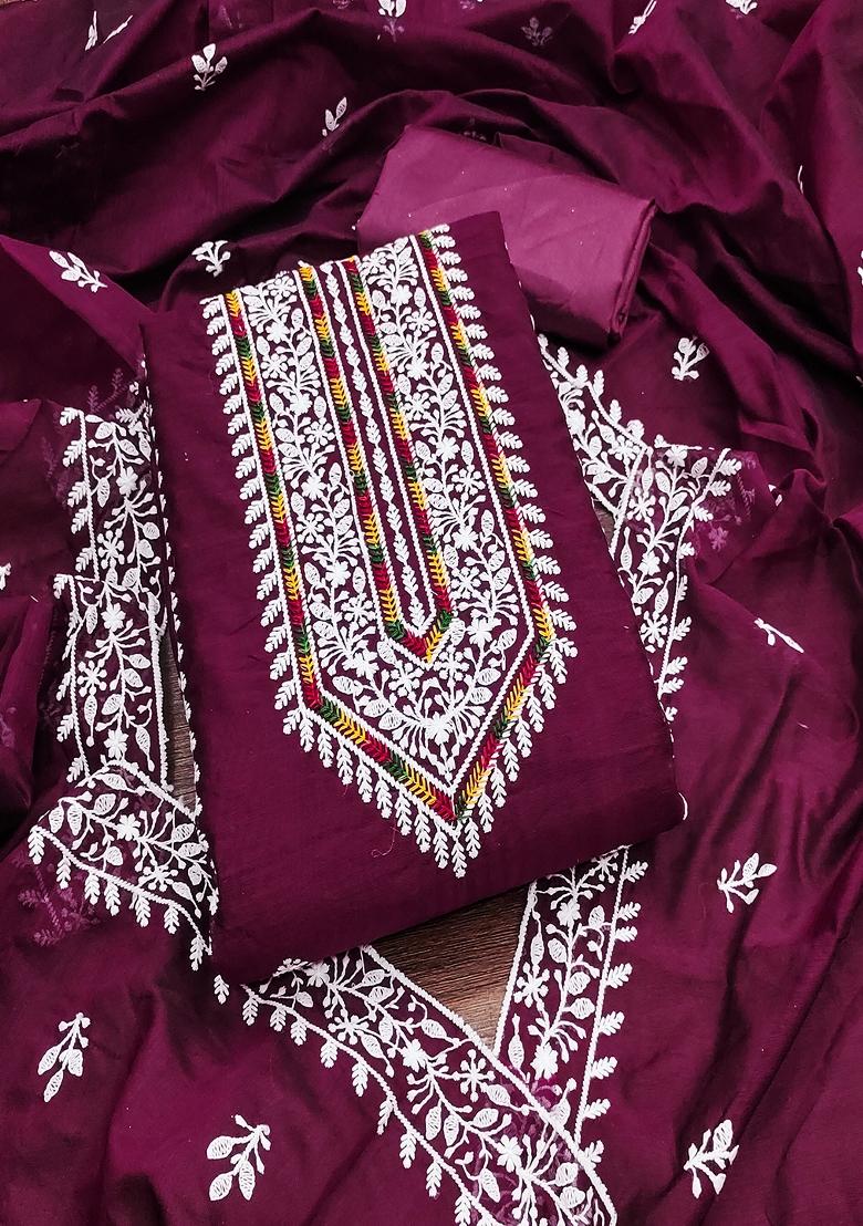 Purple Embroidered Vichitra Silk Dress Material