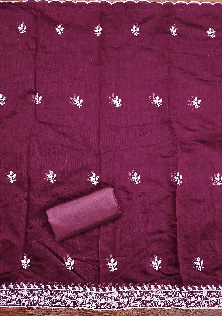 Purple Embroidered Vichitra Silk Dress Material