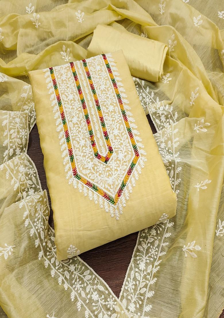 Yellow Embroidered Vichitra Silk Dress Material