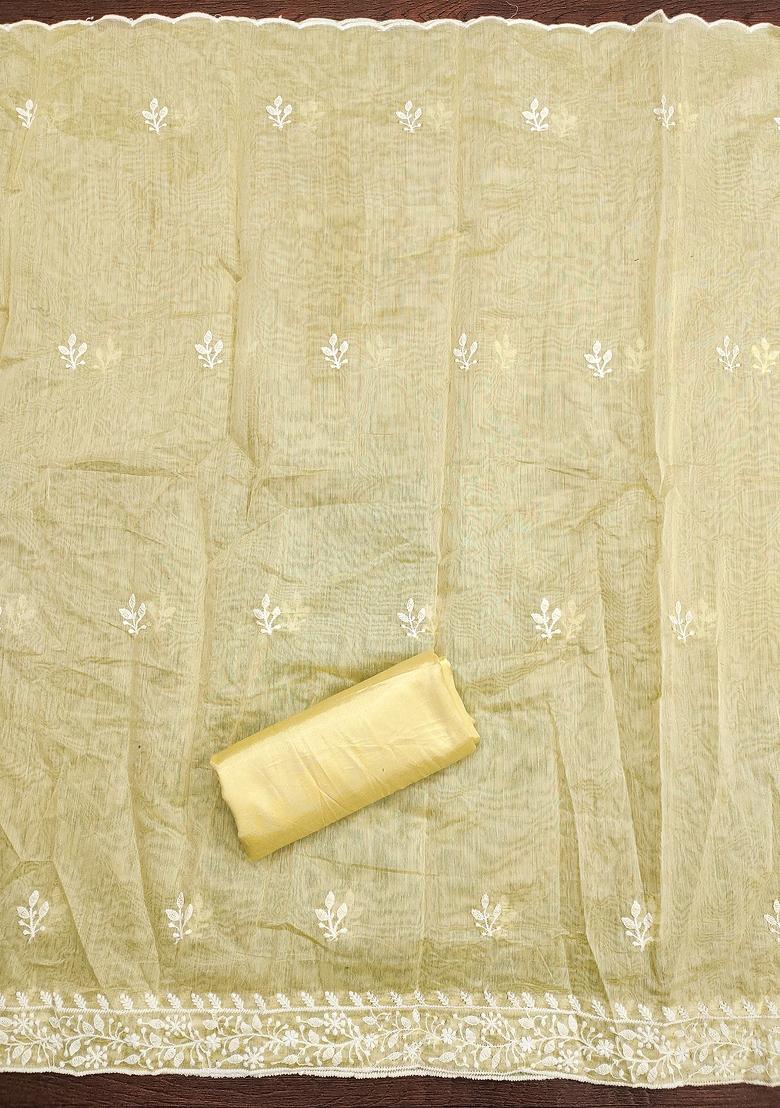 Yellow Embroidered Vichitra Silk Dress Material
