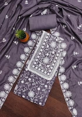 Grey Embroidered Vichitra Silk Dress Material