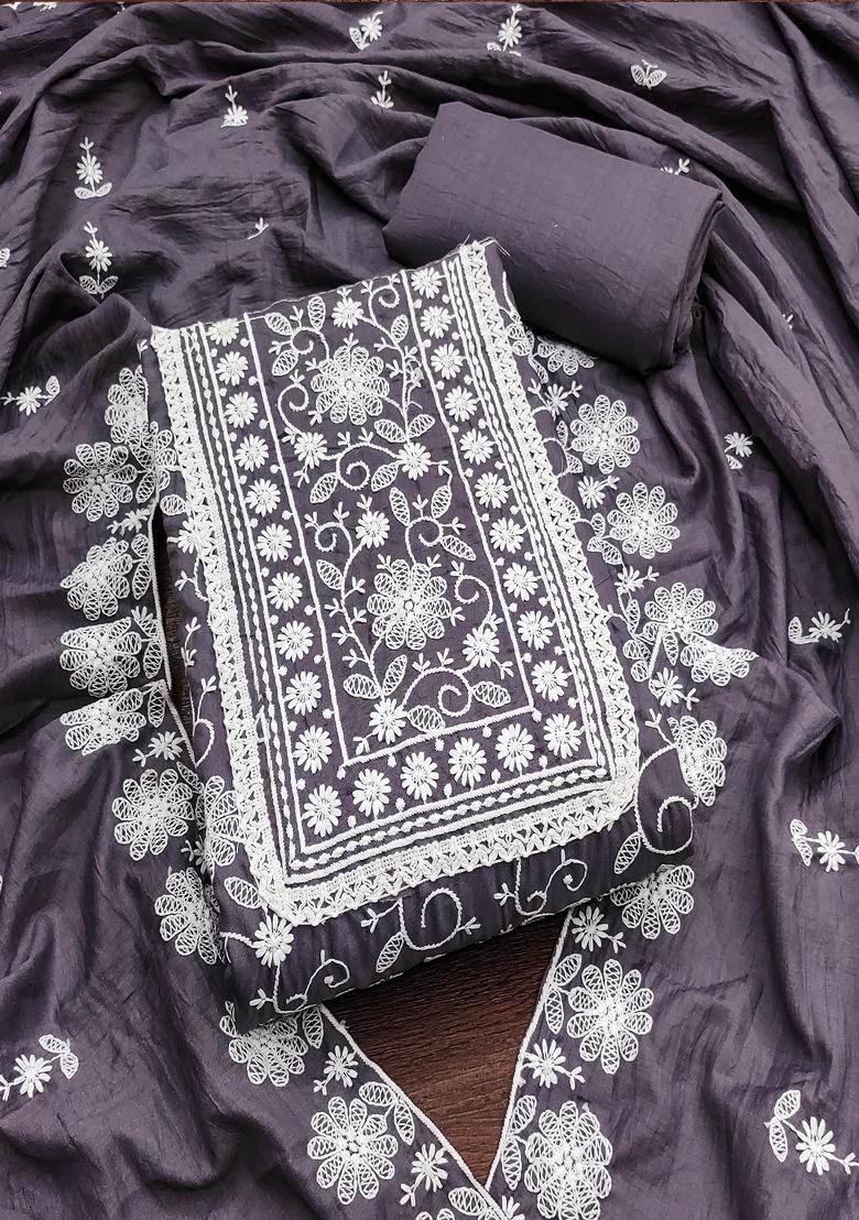 Grey Embroidered Vichitra Silk Dress Material