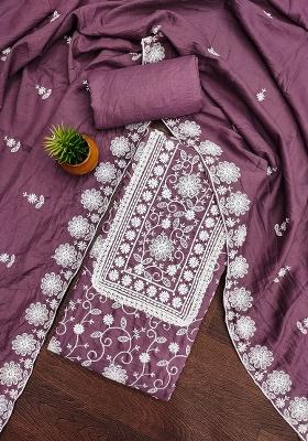 Lavender Embroidered Vichitra Silk Dress Material