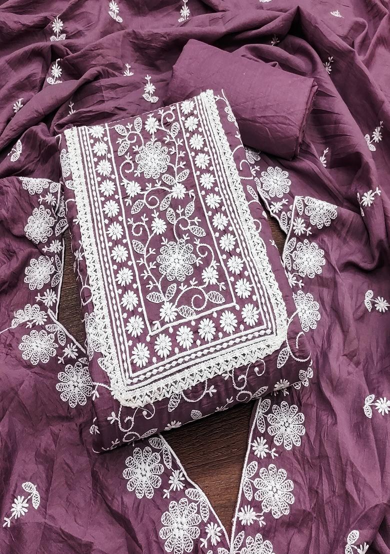 Lavender Embroidered Vichitra Silk Dress Material