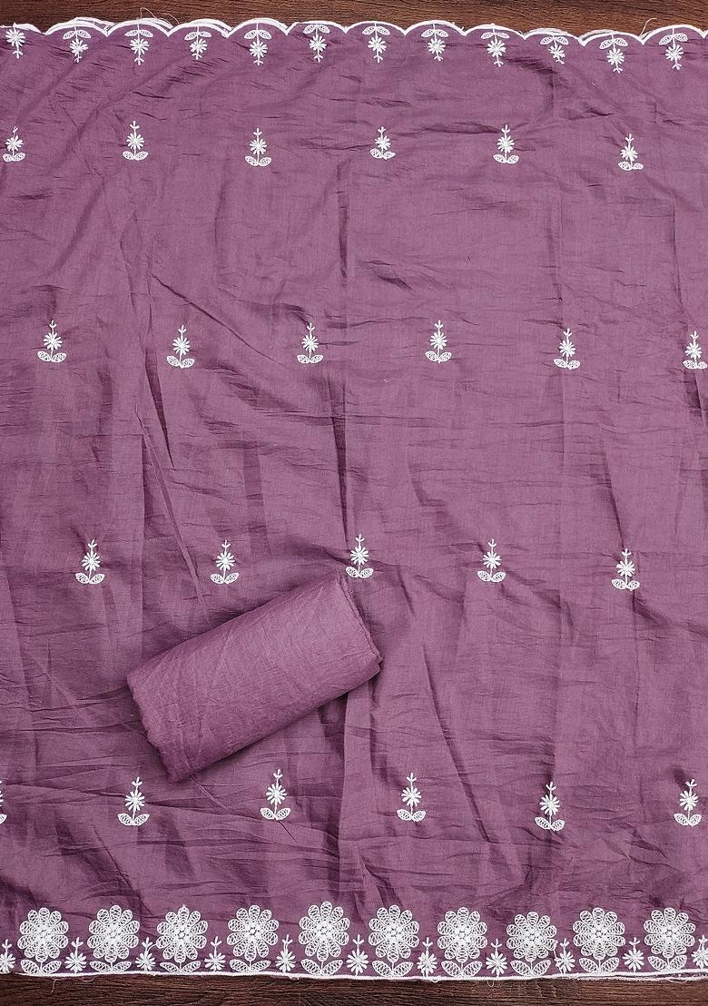 Lavender Embroidered Vichitra Silk Dress Material