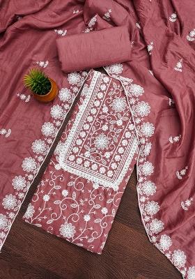 Coral Embroidered Vichitra Silk Dress Material