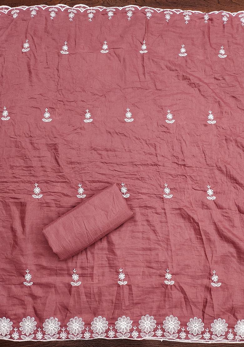 Coral Embroidered Vichitra Silk Dress Material