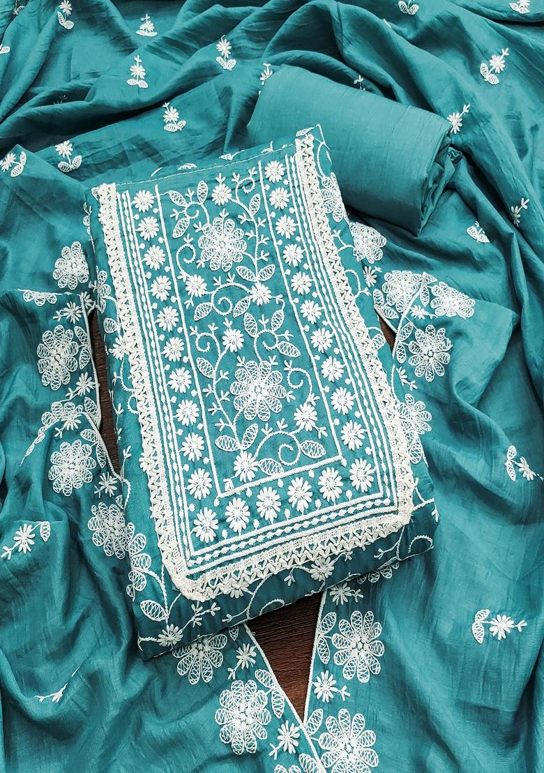 Turquoise Blue Embroidered Vichitra Silk Dress Material
