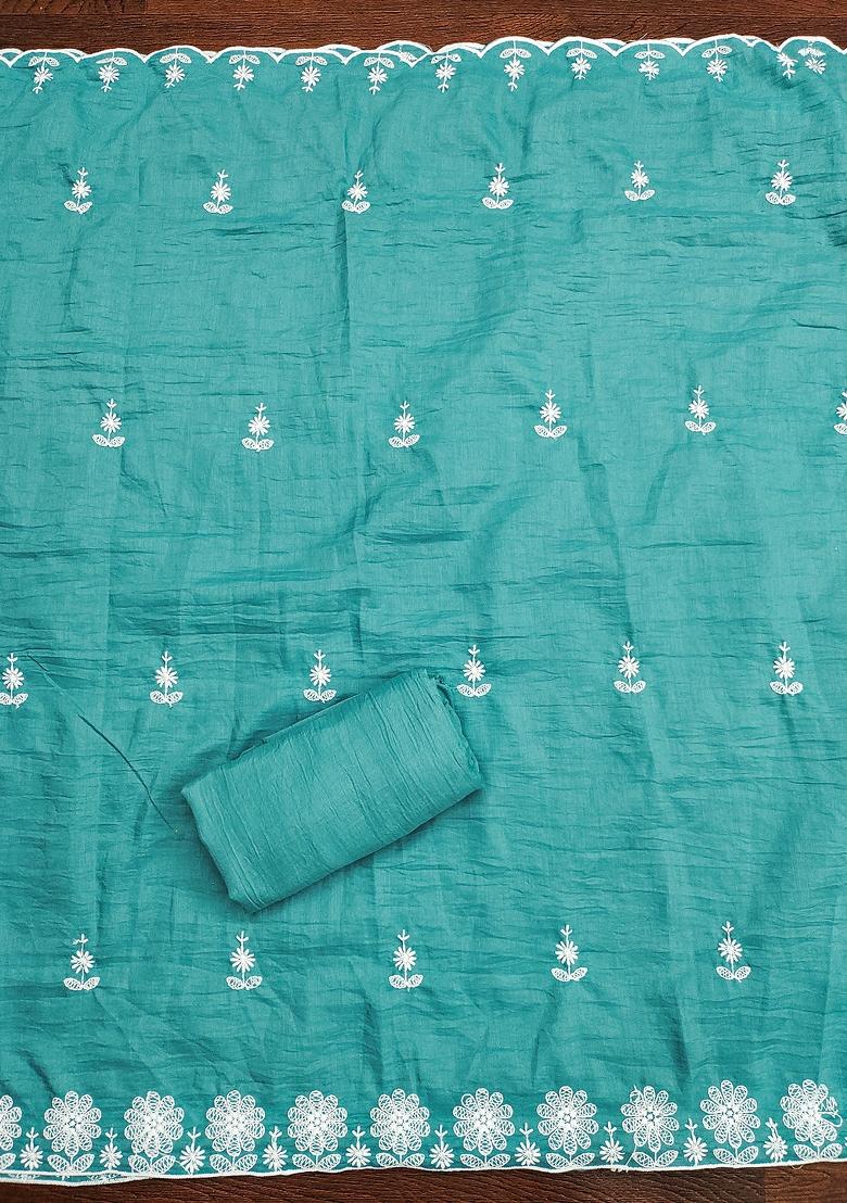 Turquoise Blue Embroidered Vichitra Silk Dress Material