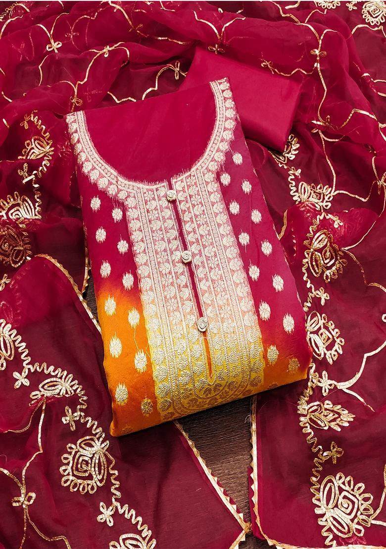 Red Zari Organza Dress Material