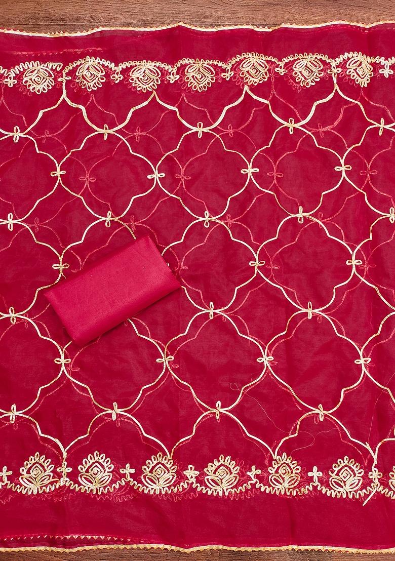 Red Zari Organza Dress Material