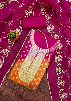 Fuchsia Pink Zari Organza Dress Material