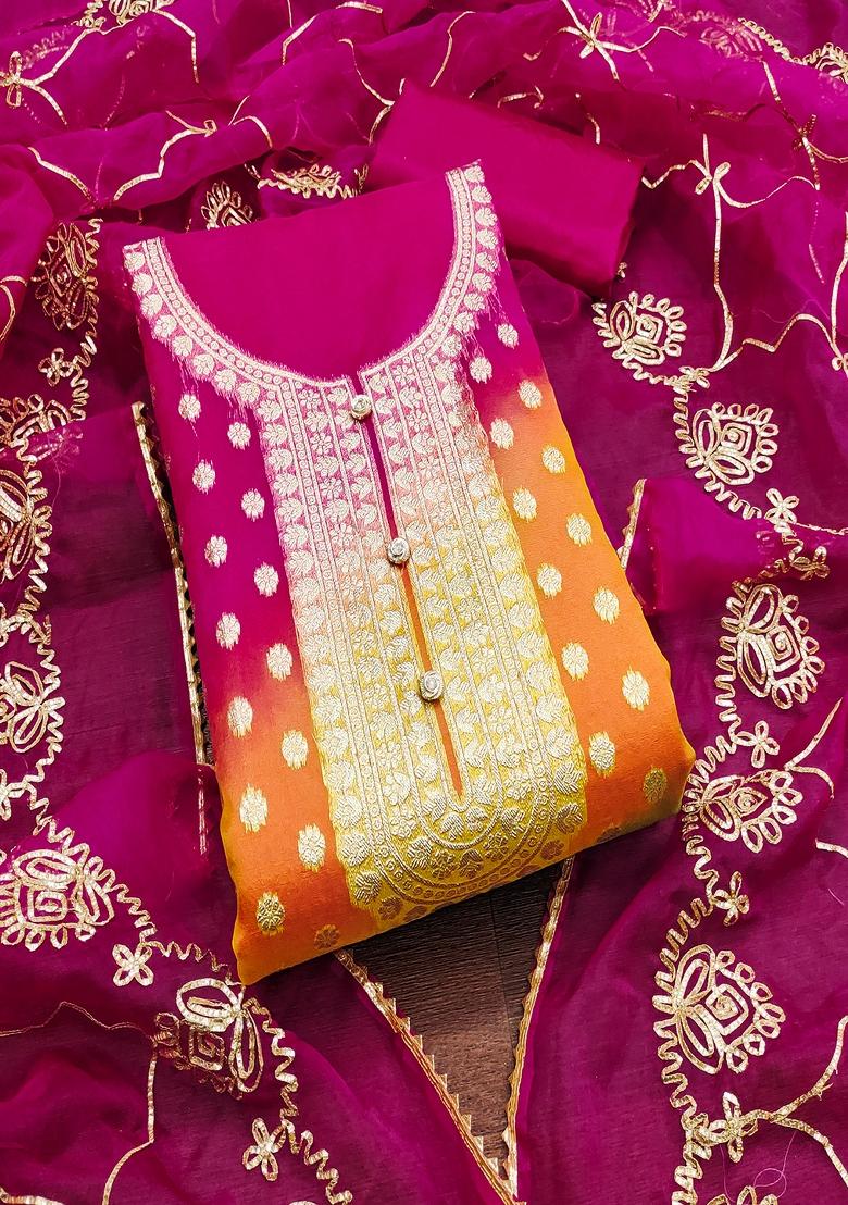 Fuchsia Pink Zari Organza Dress Material