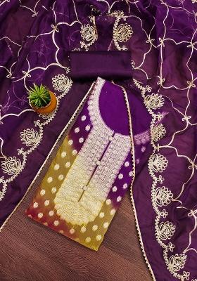 Purple Zari Organza Dress Material