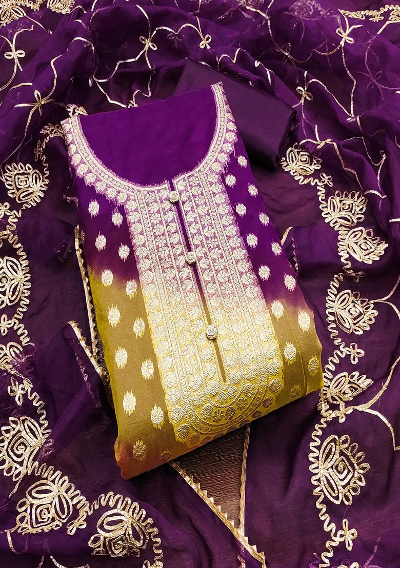 Purple Zari Organza Dress Material