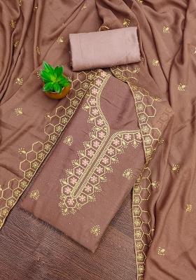 Brown Embroidered Georgette Dress Material
