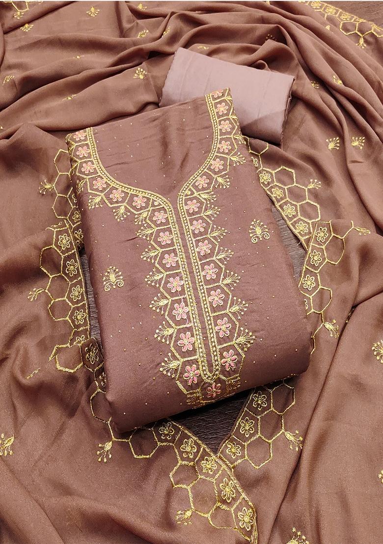 Brown Embroidered Georgette Dress Material