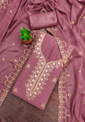 Coral Embroidered Georgette Dress Material