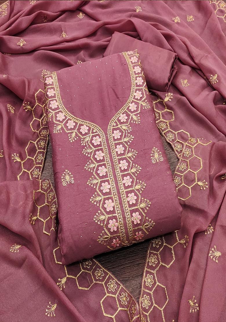 Coral Embroidered Georgette Dress Material