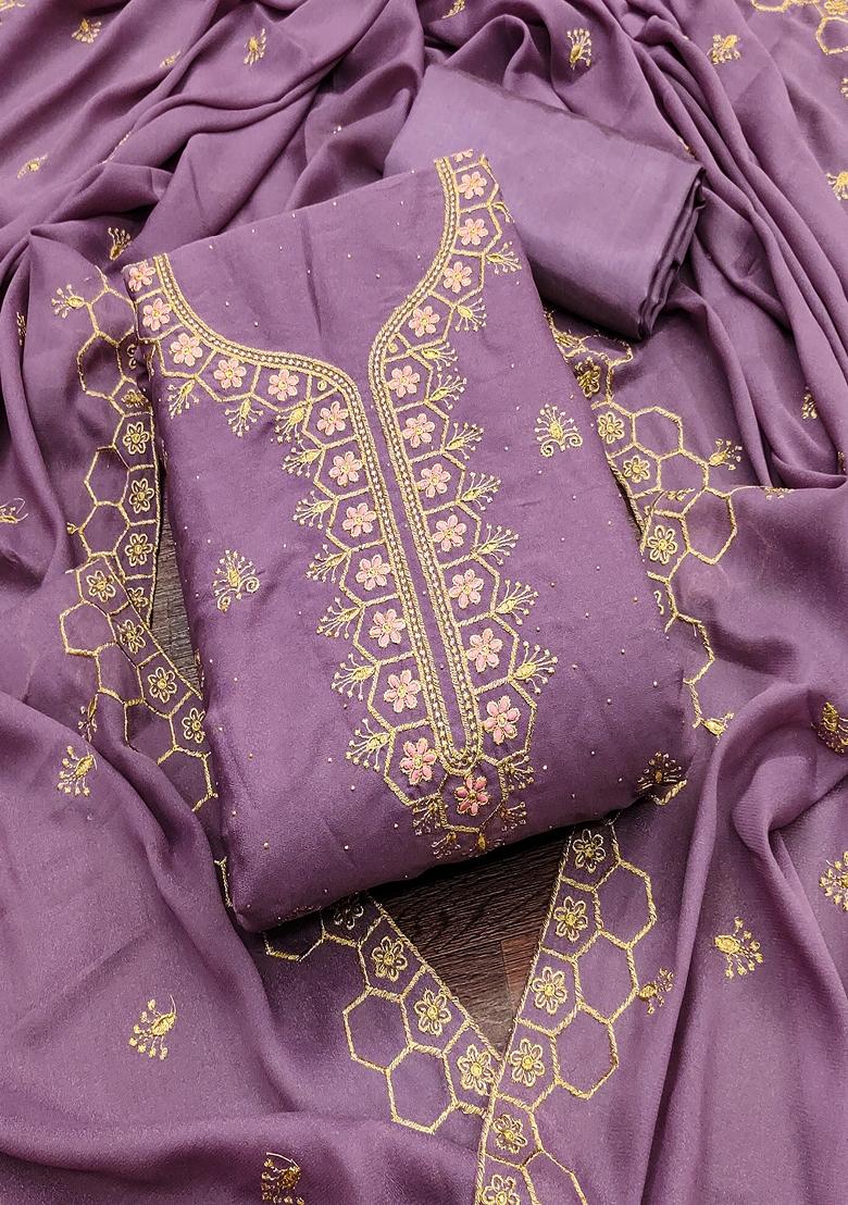 Lavender Embroidered Georgette Dress Material