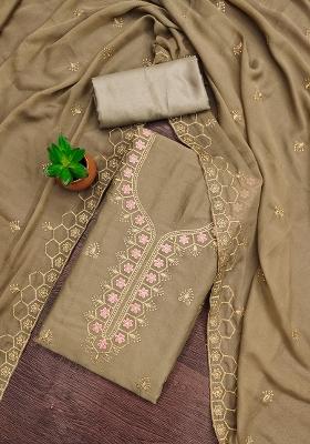 Olive Embroidered Georgette Dress Material