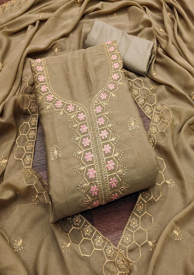 Olive Embroidered Georgette Dress Material