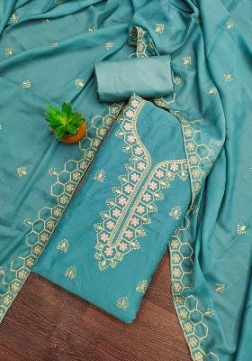 Turquoise Blue Embroidered Georgette Dress Material