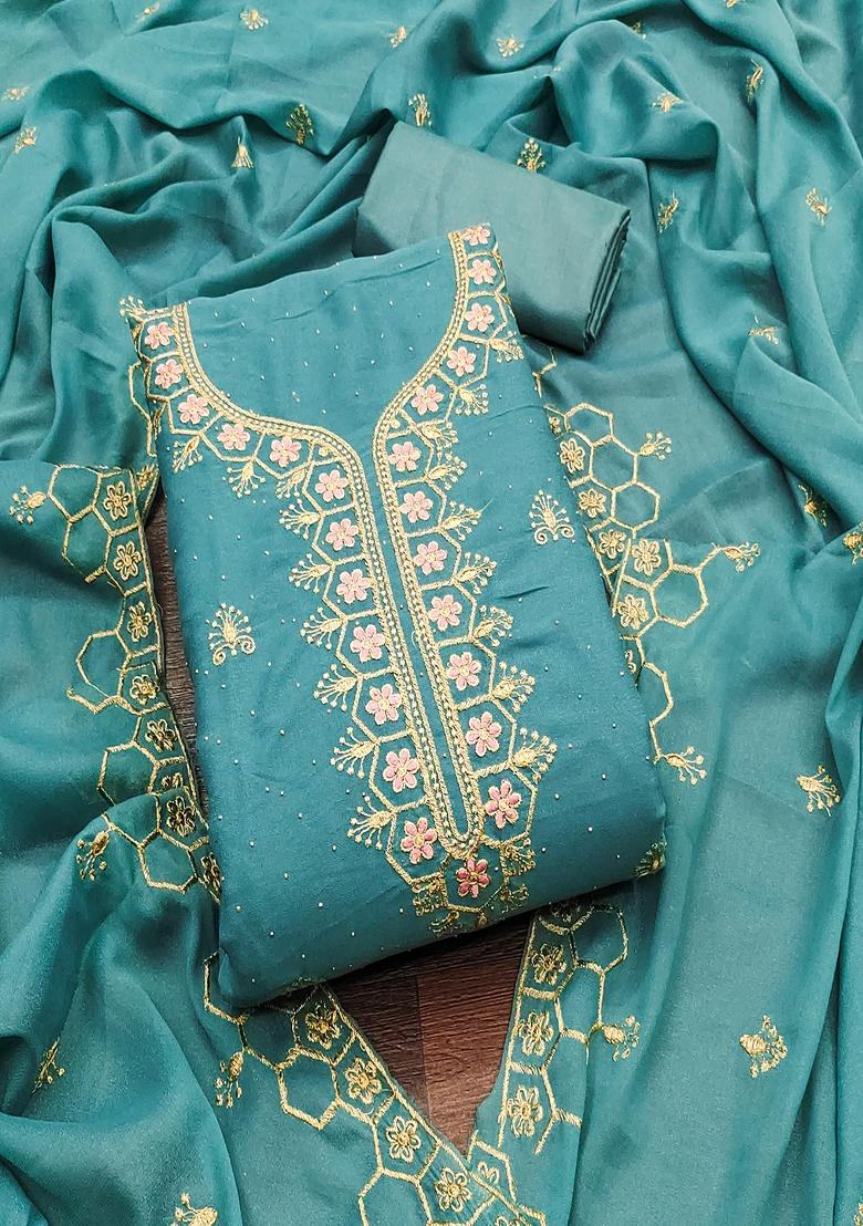 Turquoise Blue Embroidered Georgette Dress Material