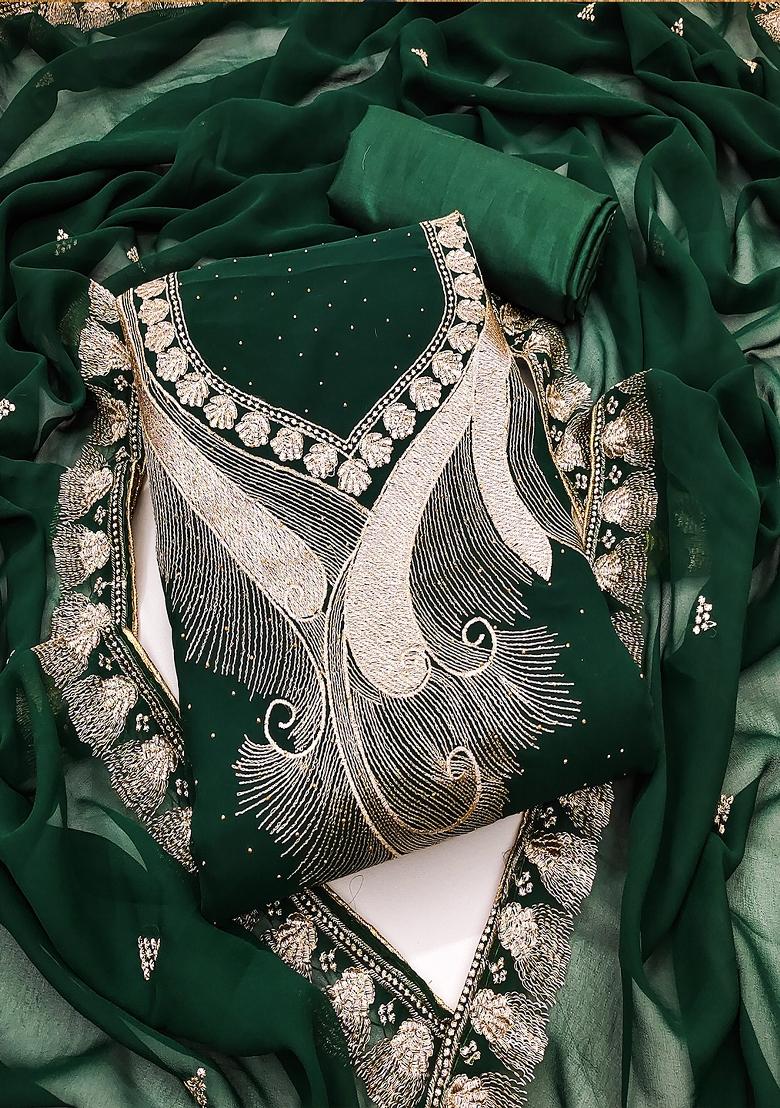 Green Embroidered Georgette Dress Material