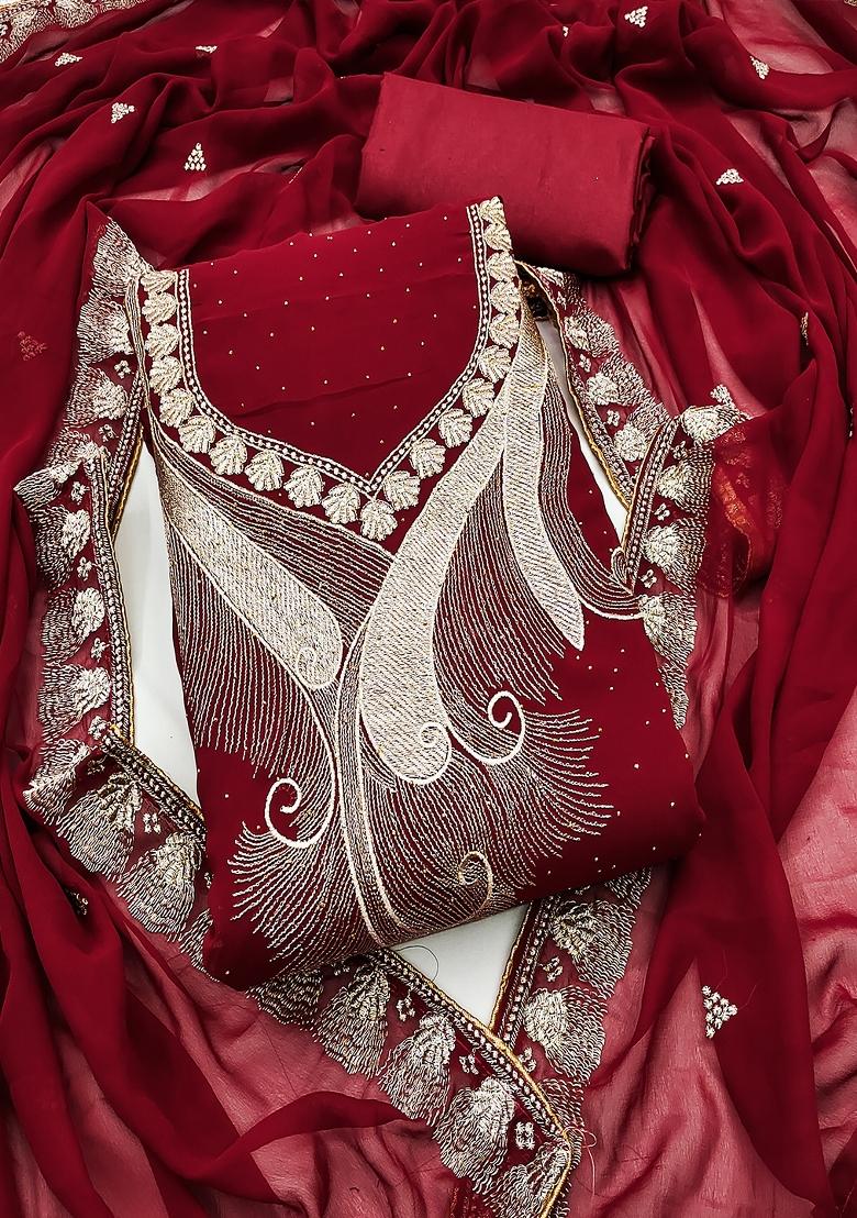 Red Embroidered Georgette Dress Material