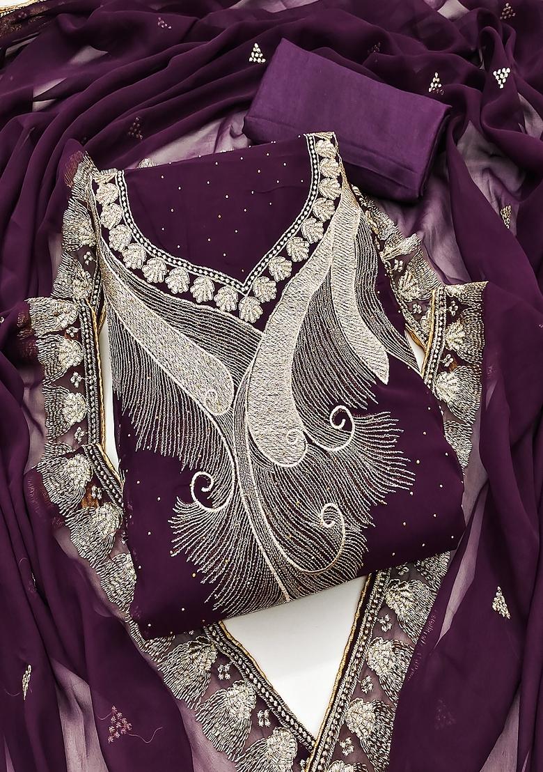 Purple Embroidered Georgette Dress Material
