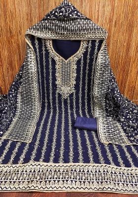 Blue Embroidered Georgette Dress Material