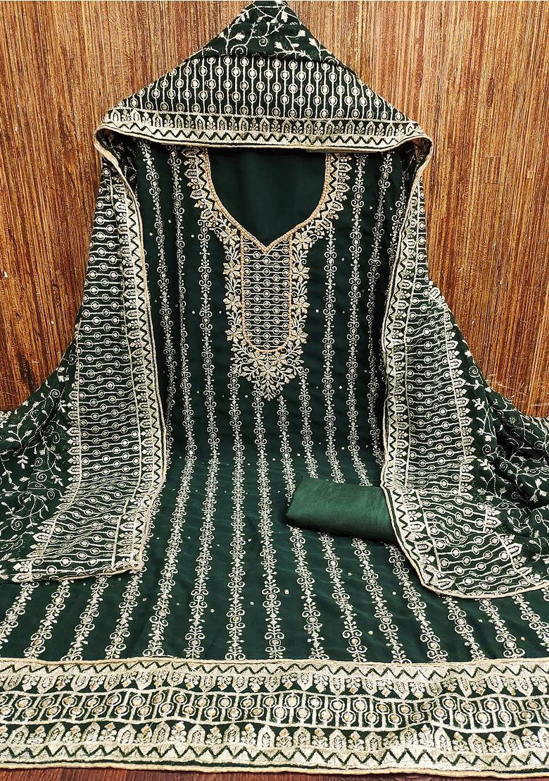 Green Embroidered Georgette Dress Material