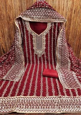 Red Embroidered Georgette Dress Material