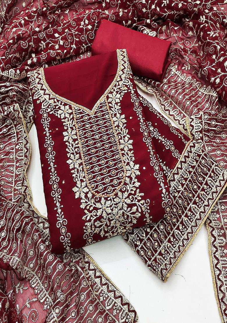Red Embroidered Georgette Dress Material