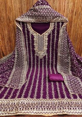 Purple Embroidered Georgette Dress Material