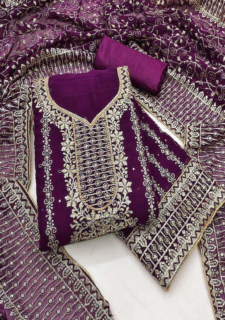 Purple Embroidered Georgette Dress Material