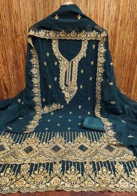 Turquoise Blue Embroidered Georgette Dress Material