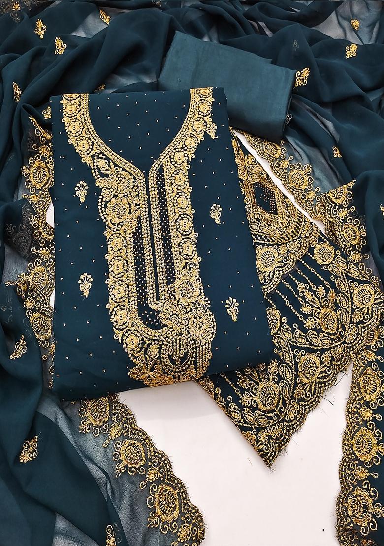 Turquoise Blue Embroidered Georgette Dress Material