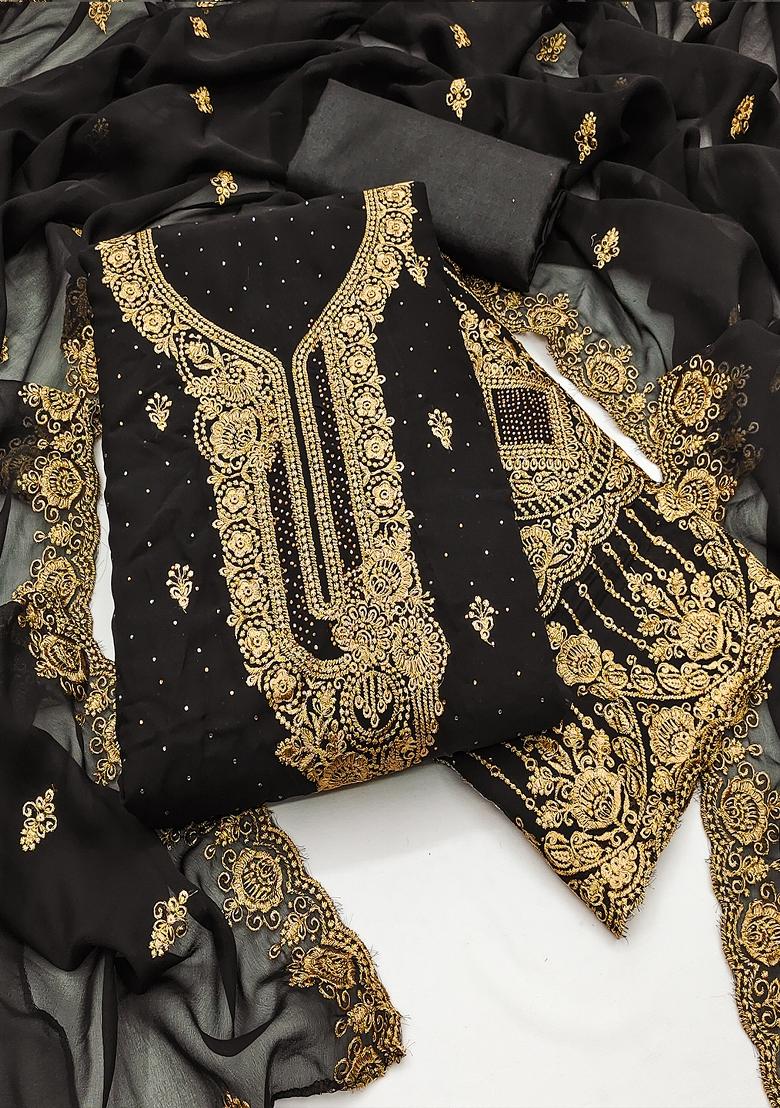 Black Embroidered Georgette Dress Material